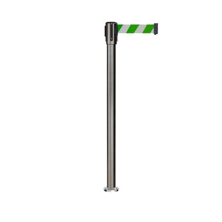 MONTOUR LINE Retractable Belt Fixed Stanchion, 2ft Sat.Steel Post  11ft. Grn/Wh MX530F-SS-GWD-110